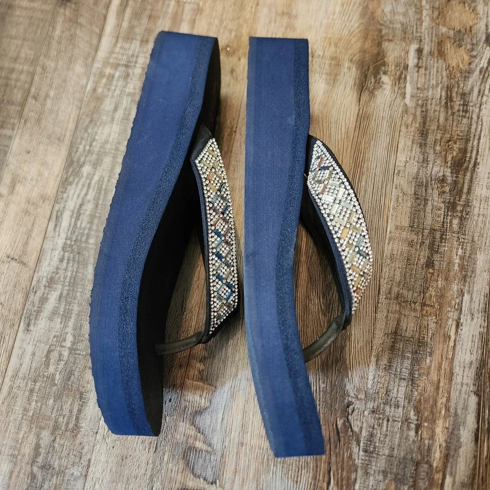Skechers Vinyasa Glory Day Navy Blue Rhinestone Crystal Platform Wedge Sandals 9